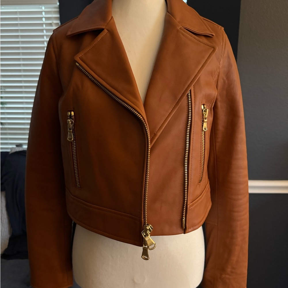 L’AGENCE BROWN BIKER LEATHER JACKET